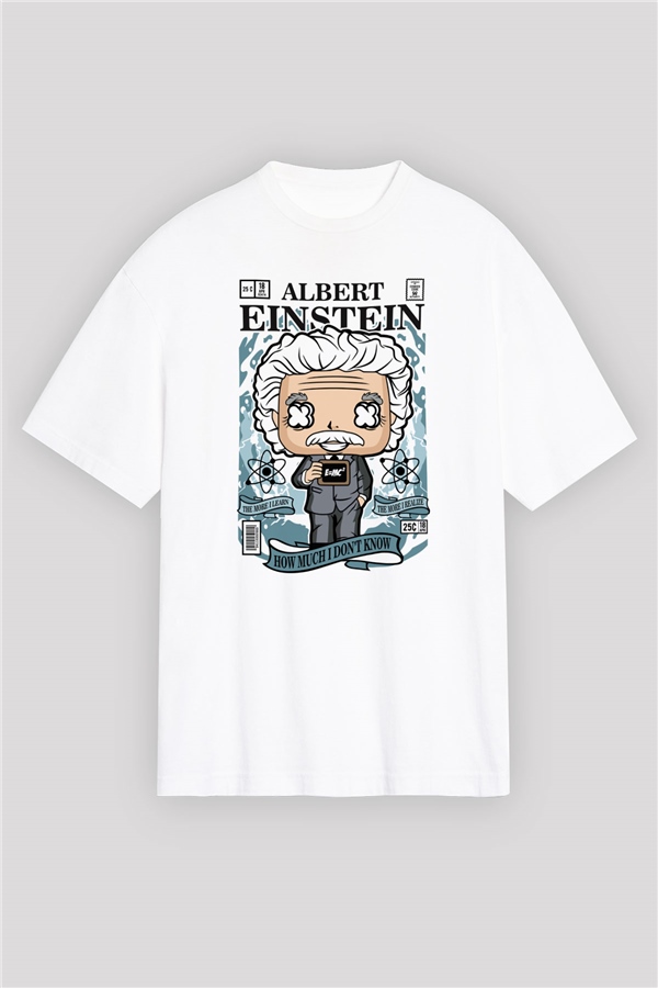 Albert Einstein Baskılı Unisex Beyaz Oversize Tişört