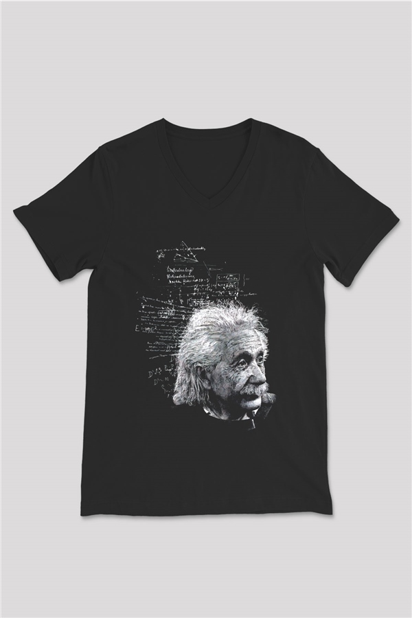 Albert Einstein Kuantum Mekaniği Baskılı Unisex Siyah V Yaka Tişört