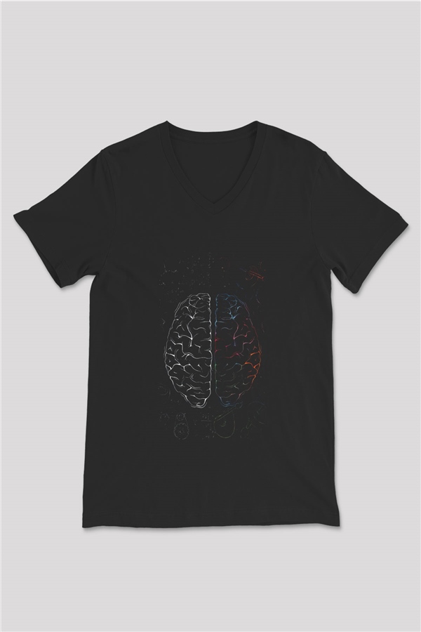 Analitik Ve Sezgisel Beyin Lobları Baskılı Unisex Siyah V Yaka Tişört