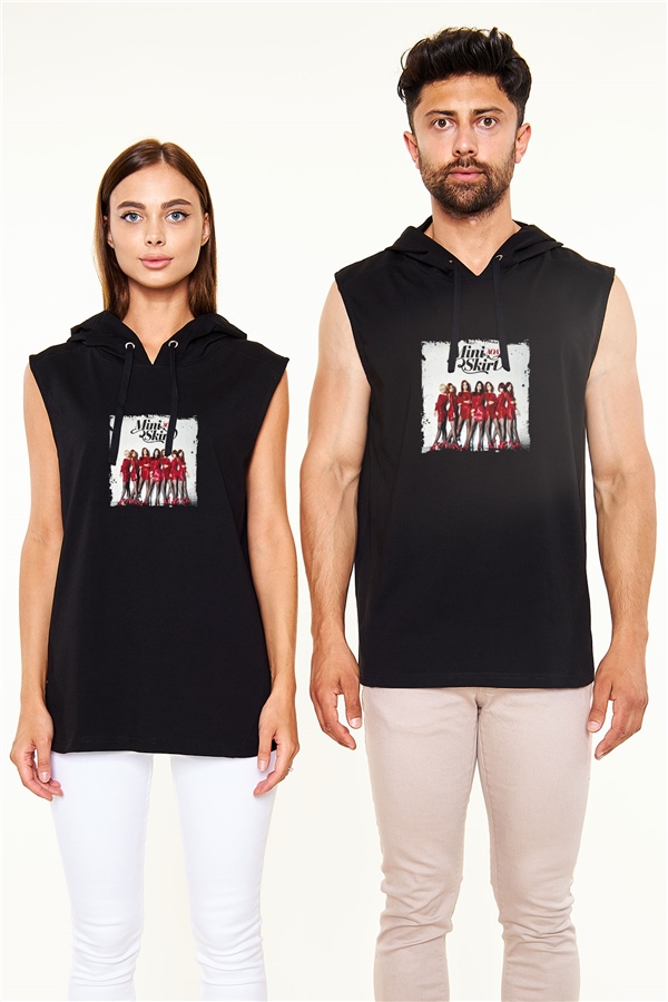 AOA Baskılı Unisex Siyah Kapüşonlu Kolsuz Tişört