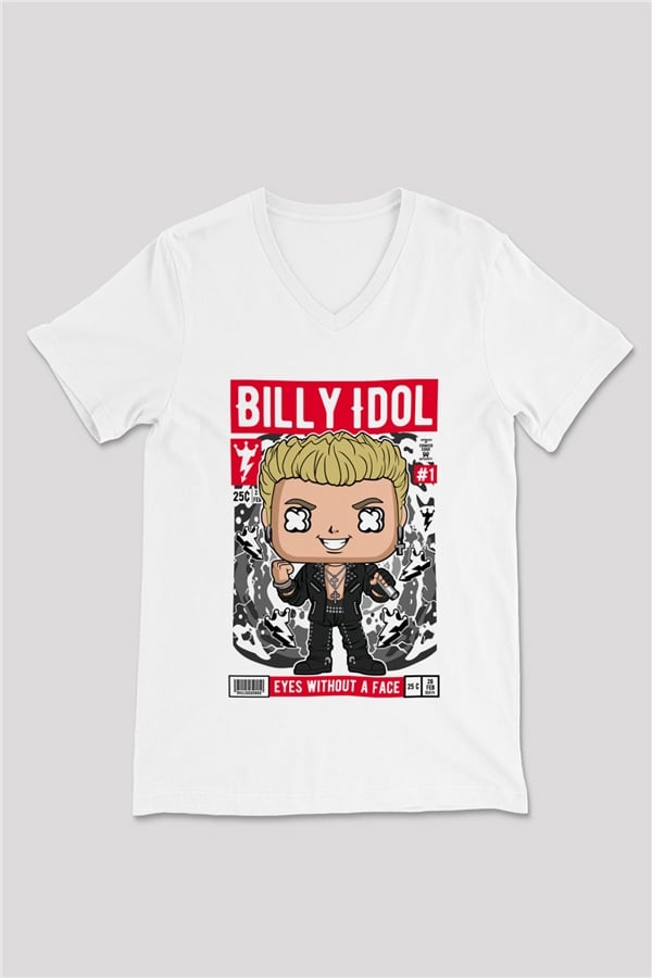 Billy Idol Baskılı Unisex Beyaz V Yaka Tişört
