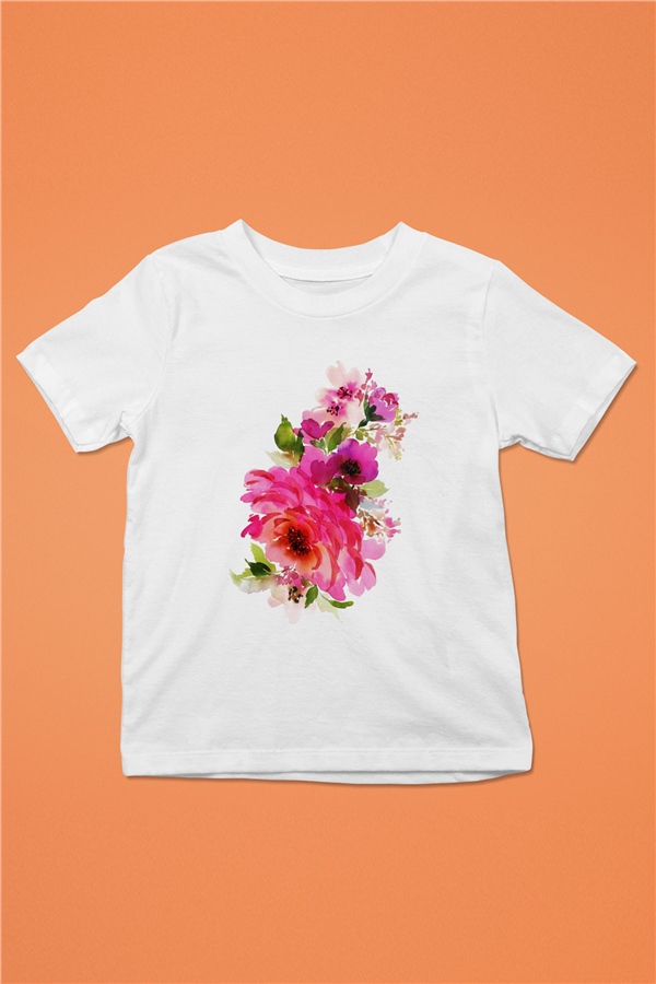 Çiçek Baskılı Beyaz Unisex Çocuk Tişört