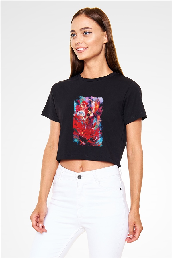 Flamenko Siyah Crop Top Tişört