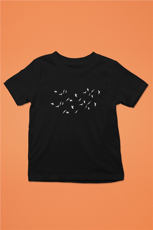 Kuş Baskılı Siyah Unisex Çocuk Tişört