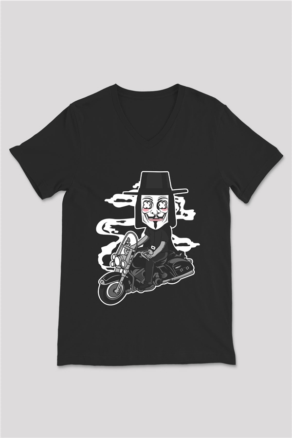 Motorcu Vendetta Baskılı Unisex Siyah V Yaka Tişört