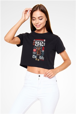 2 Pac Baskılı Siyah Kadın Crop Top Tişört