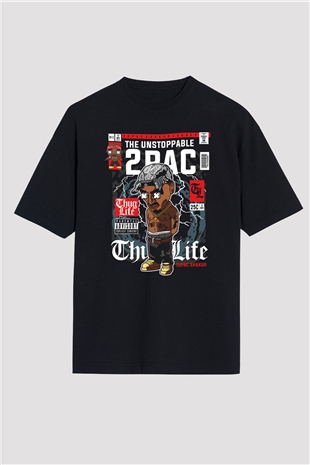 2 Pac Baskılı Unisex Siyah Oversize Tişört