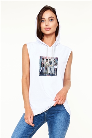 2NE1 Baskılı Unisex Beyaz Kapüşonlu Kolsuz Tişört
