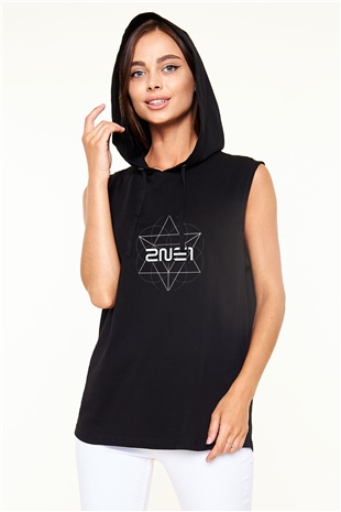 2NE1 Baskılı Unisex Siyah Kapüşonlu Kolsuz Tişört