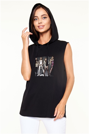 2NE1 Baskılı Unisex Siyah Kapüşonlu Kolsuz Tişört