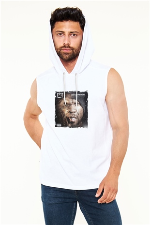 50 Cent Baskılı Unisex Beyaz Kapüşonlu Kolsuz Tişört