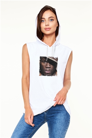 50 Cent Baskılı Unisex Beyaz Kapüşonlu Kolsuz Tişört