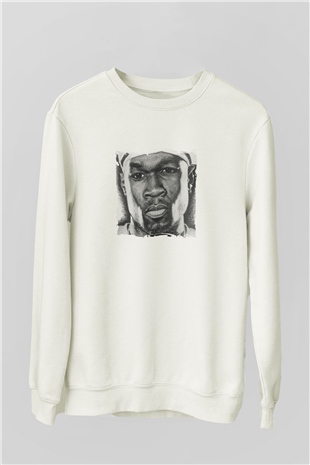 50 Cent Baskılı Unisex Beyaz Sweatshirt