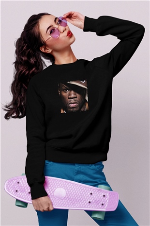 50 Cent Baskılı Unisex Siyah Sweatshirt