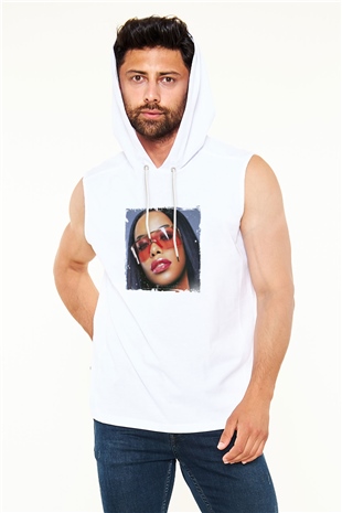 Aaliyah Baskılı Unisex Beyaz Kapüşonlu Kolsuz Tişört