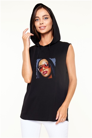 Aaliyah Baskılı Unisex Siyah Kapüşonlu Kolsuz Tişört
