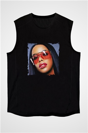 Aaliyah Baskılı Unisex Siyah Kolsuz Tişört
