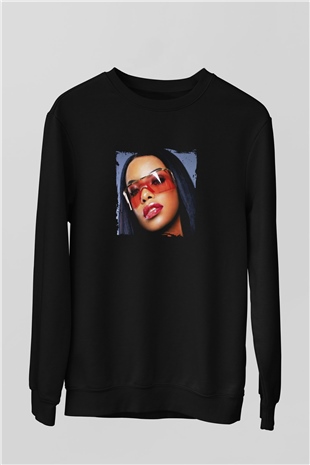 Aaliyah Baskılı Unisex Siyah Sweatshirt