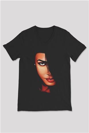 Aaliyah Siyah Unisex V Yaka Tişört T-Shirt