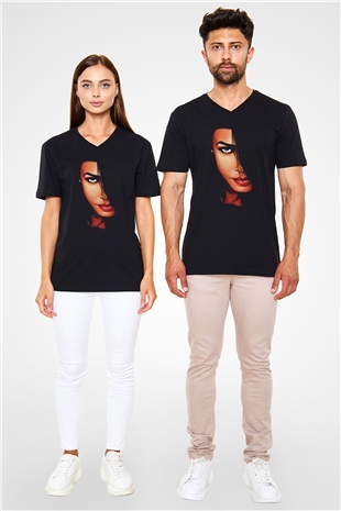 Aaliyah Siyah Unisex V Yaka Tişört T-Shirt