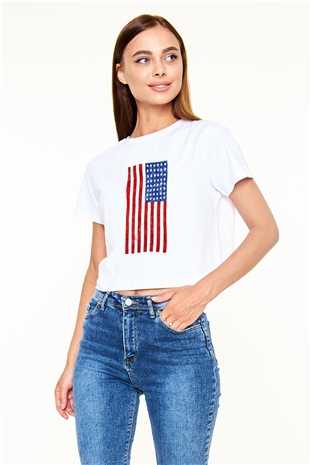 ABD Beyaz Croptop Tişört