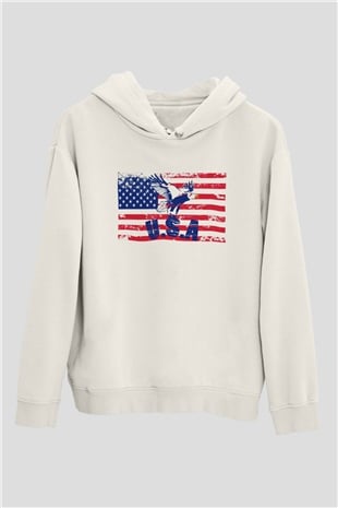 ABD Beyaz Unisex Kapşonlu Sweatshirt