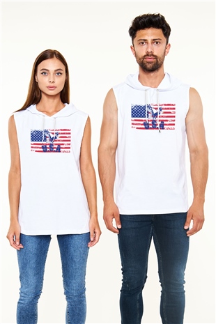 ABD Beyaz Unisex Kapüşonlu Kolsuz Tişört