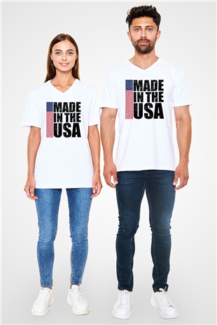 ABD Beyaz Unisex V Yaka Tişört