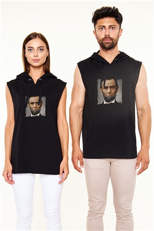 Abraham Lincoln Baskılı Unisex Siyah Kapüşonlu Kolsuz Tişört