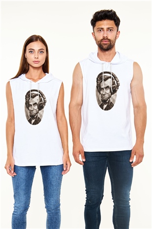 Abraham Lincoln Beyaz Unisex Kapüşonlu Kolsuz Tişört
