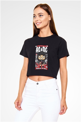 ACDC Baskılı Siyah Kadın Crop Top Tişört