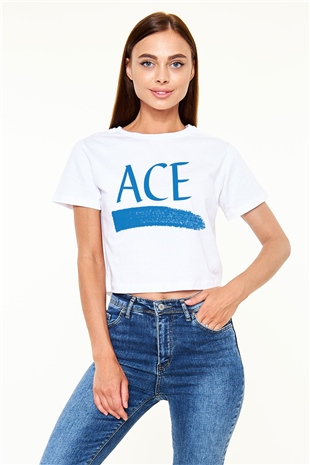 Ace Beyaz Croptop Tişört