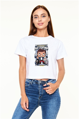 Ace Ventura Baskılı Beyaz Kadın Crop Top Tişört