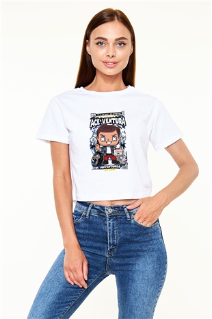 Ace Ventura Baskılı Beyaz Kadın Crop Top Tişört
