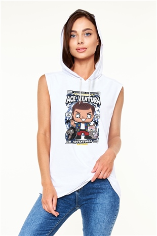 Ace Ventura Baskılı Unisex Beyaz Kapüşonlu Kolsuz Tişört