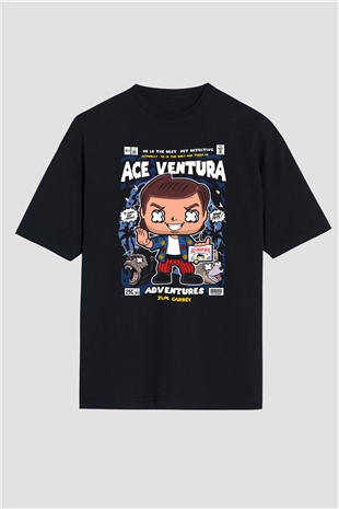 Ace Ventura Baskılı Unisex Siyah Oversize Tişört
