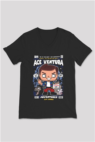 Ace Ventura Baskılı Unisex Siyah V Yaka Tişört