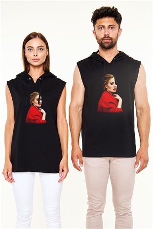 Adele Siyah Unisex Kapüşonlu Kolsuz Tişört