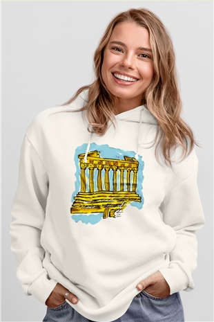 Akropolis Beyaz Unisex Kapşonlu Sweatshirt