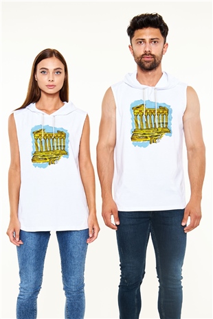 Akropolis Beyaz Unisex Kapüşonlu Kolsuz Tişört