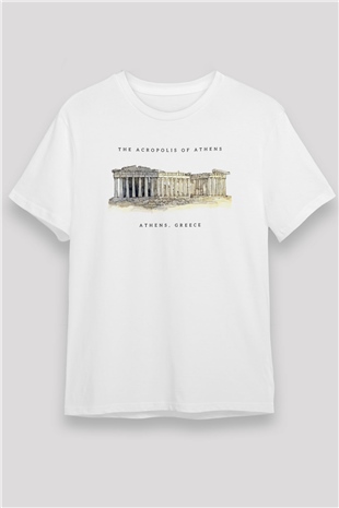 Akropolis Beyaz Unisex Tişört T-Shirt - TişörtFabrikası