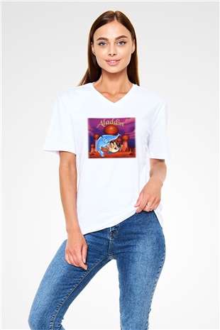 Aladdin Beyaz Unisex V Yaka Tişört T-Shirt