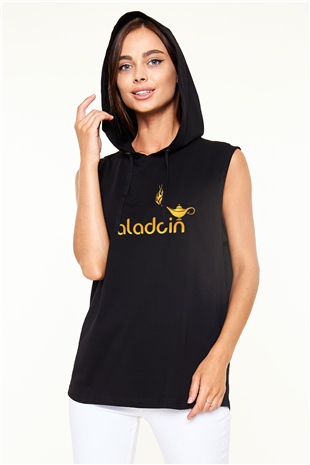 Aladdin Siyah Unisex Kapüşonlu Kolsuz Tişört