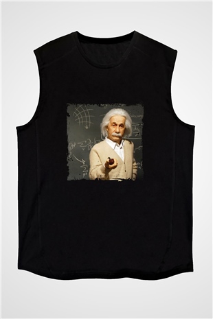 Albert Einstein Baskılı Unisex Siyah Kolsuz Tişört