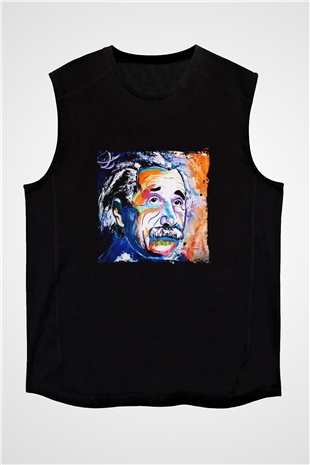 Albert Einstein Baskılı Unisex Siyah Kolsuz Tişört