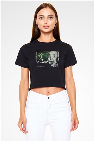 Albert Einstein Enerji Formülü Baskılı Siyah Kadın Crop Top Tişört