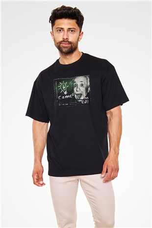 Albert Einstein Enerji Formülü Baskılı Unisex Siyah Oversize Tişört