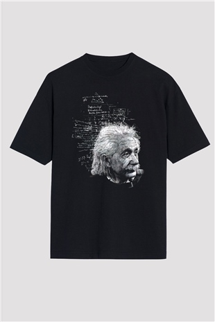 Albert Einstein Kuantum Mekaniği Baskılı Unisex Siyah Oversize Tişört