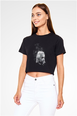 Albert Einstein Kuantum Mekaniği Baskılı Siyah Kadın Crop Top Tişört