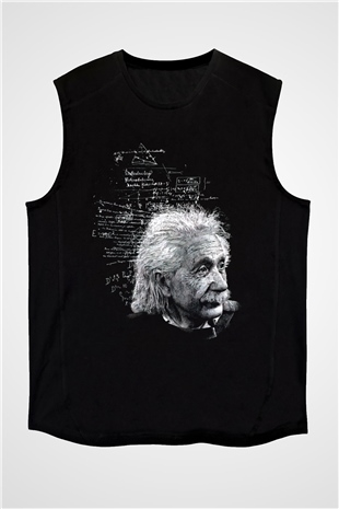Albert Einstein Kuantum Mekaniği Baskılı Unisex Siyah Kolsuz Tişört